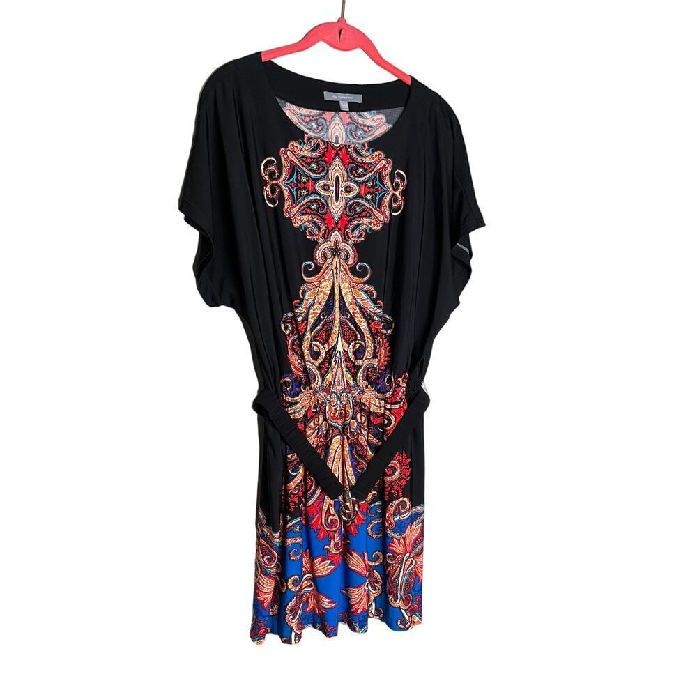 NY Collection Mini Dress Short Sleeves Belted Mandala Print Black Womens Large